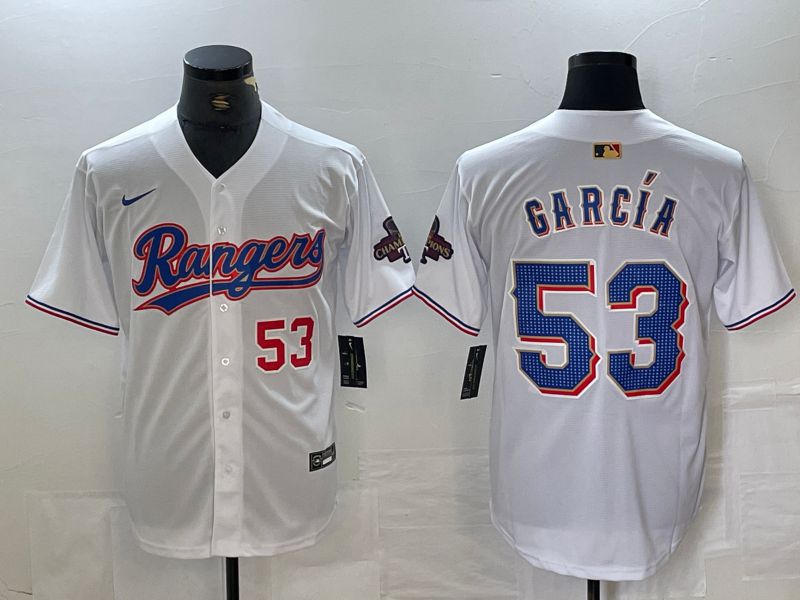 Men Texas Rangers 53 Garcia White Champion Game Nike 2024 MLB Jersey style 3